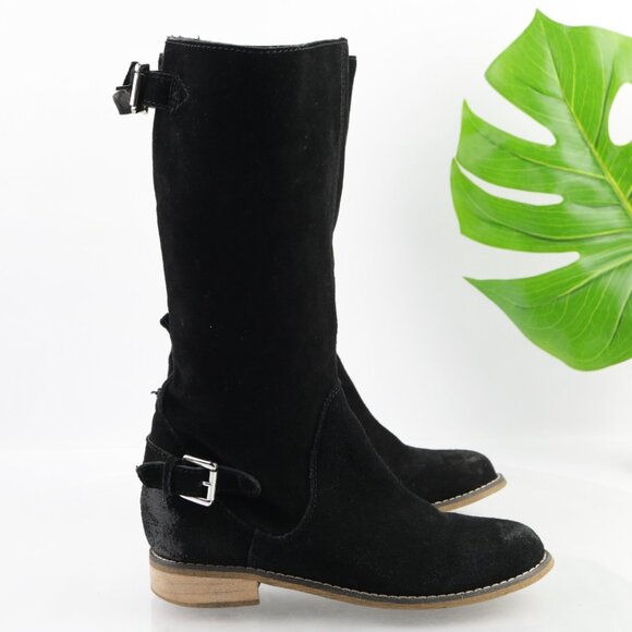 Kelsi Dagger Womens Tassie Boots Size 7.5 Black Suede Slouch Pull On Moto Buckle - Picture 4 of 16